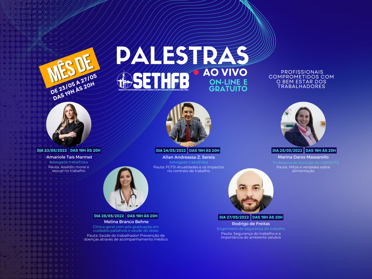 SEMANA DE PALESTRAS ON-LINE EM COMEMORAÇÃO AO MÊS DO TRABALHADOR.